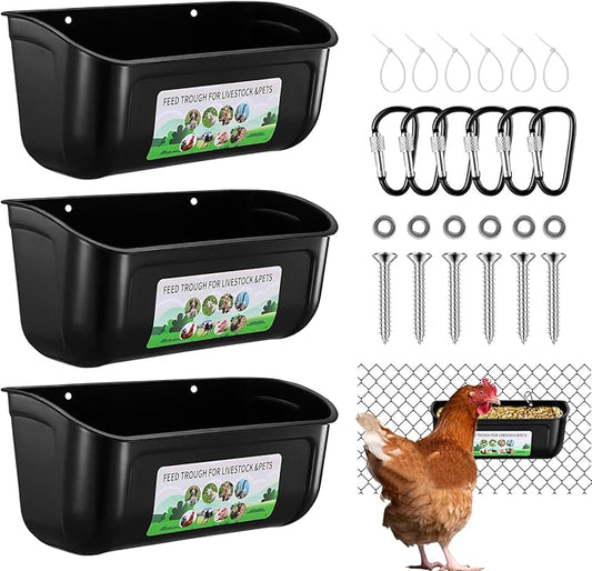 Chicken Feeder Waterer, 3 Pack Duck Feeder Supplies, Hanging Fence Feed Trough with Clips for Goat, Sheeple, Piglet, Gooses, Turkeys, Dog Livestock Poultry, Black