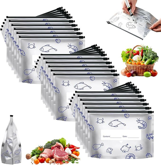 30Pcs Reusable Aluminum Foil Sealable Storage Bags, 2026 New Resealable Vacuum Zipper Pouches for Food, Stand Up Foil Sealable Bags with Label and Zip Lock for Vegetable (Small)