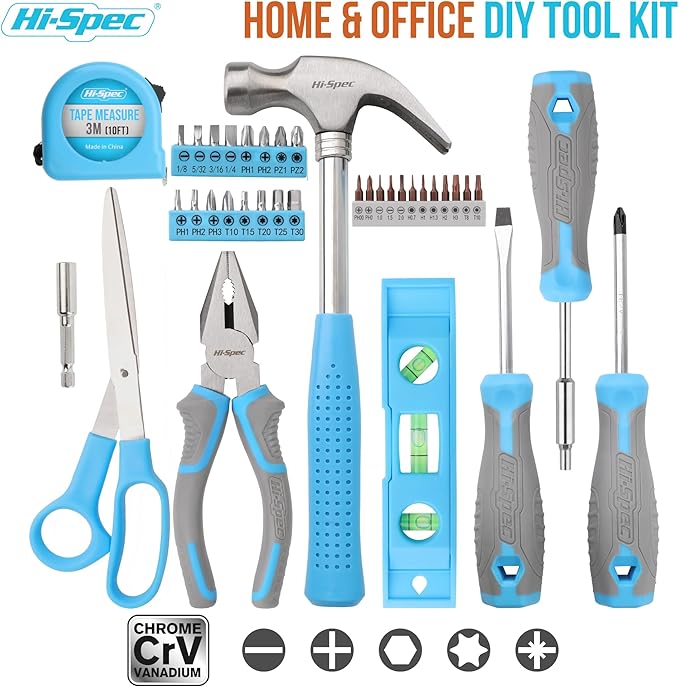 Hi-Spec 38pc Blue Household DIY Tool Set. Home, Office and College Dorm Small Toolkit Box of Starter Basic Tools