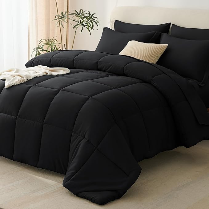 CozyLux Full Size Comforter Sets Black - 7 Pieces Bed in a Bag Full, Oeko-Tex Certified Bed Set, All Season Soft Bedding Set with Down Alternative Comforter, Sheets, Pillowcases & Pillow Shams