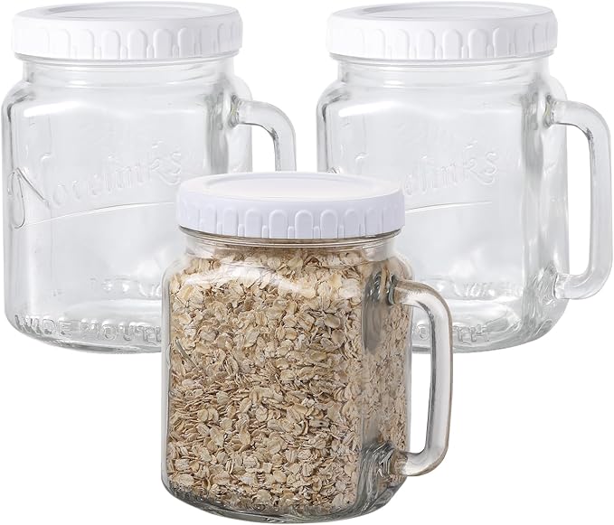 Glass 74 Ounce Mason Jars Wide Mouth Mason Jar Large Square Food Container with Lid for Overnight Oats and Food Storage (3 Pack)