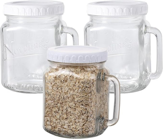 Glass 74 Ounce Mason Jars Wide Mouth Mason Jar Large Square Food Container with Lid for Overnight Oats and Food Storage (3 Pack)