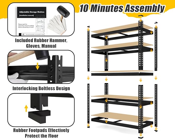 71" H x 35.5" W x 16" D 5-Tier Metal Storage Shelves: Heavy Duty Garage Shelving Adjustable Shelves for Storage - Black Utility Rack Shelf for Pantry, Warehouse, Office, Kitchen, 4PCS