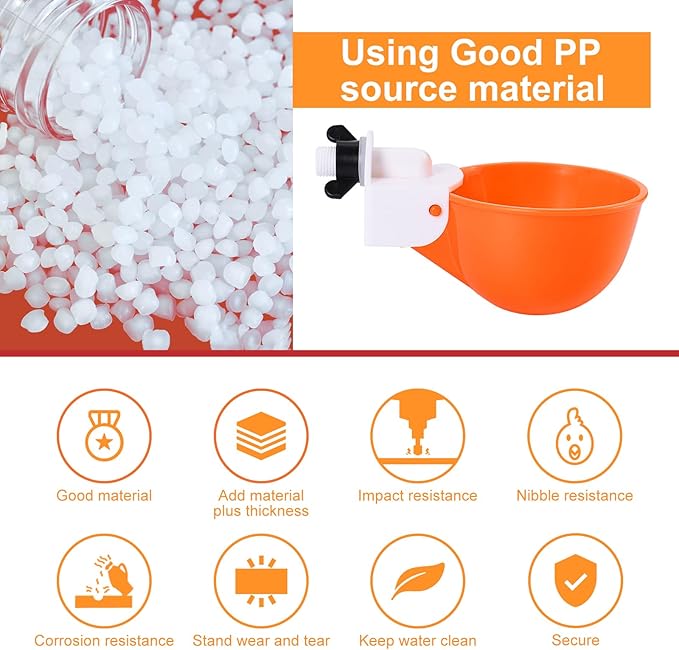 Chicken Waterer Cups (8 Pack/Orange) - DIY Automatic Large Chicken Water Feeder for Ducks,Chicks, Turkeys, Quail, Bunny, Bird and Other Various Poultry Dispenser with Matching Drill