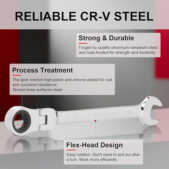 Jetech 22mm Ratchet Wrench Flex Head: Box End Wrench 12Pt| Metric Ratcheting Combination Chrome Vanadium,Forged, Extra Durability