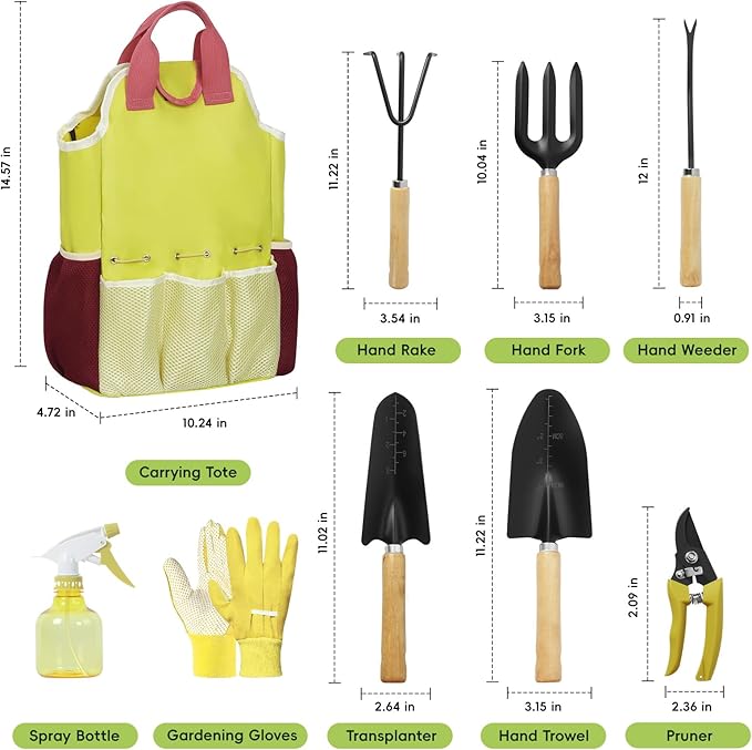 9-Piece Gardening Tool Set, Heavy Duty Garden Tool Set with Wood Handle, Premium & Durable Hand Tools Gardening Kit with Stylish Handbag, Gardening Gifts for Women