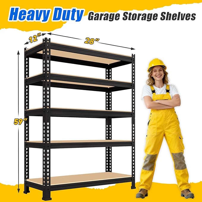 5-Tier Metal Storage Shelves: Heavy Duty Garage Shelving Adjustable Shelves for Storage - Black Utility Rack Shelf for Pantry, Warehouse, Office, Kitchen, 28" W x 12" D x 59" H, 2PCS