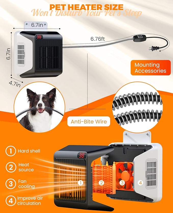 Dog House Heater With Thermostat,Pet Heater With Safe Overheat Protection And 6FT Anti Chew Cord,2 Heating Mode (600/300W) Pet Warmer Suitable For Dogs Chicken Coops Rabbits