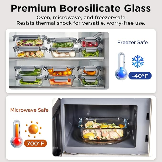 Glass Food Storage Containers with Glass Lids, 4 Pack Meal Prep Container with Airtight Lids, Microwave Safe Food Container Set, BPA Free, LeakProof, Ideal for Lunch