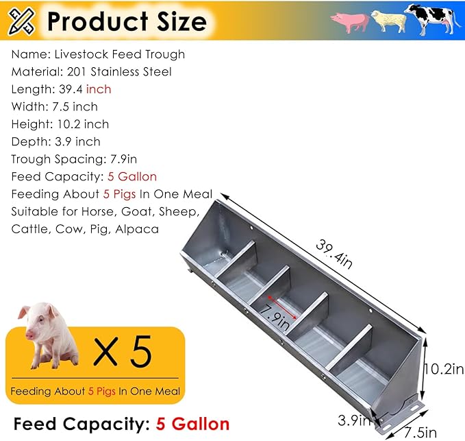 Heavy Duty 2-in-1 Stainless Steel Livestock Feed Trough for Pigs, Sheep, Cattle, and Goats - Hanging Design with Sloped Opening, 39.4" Long, Easy Feeding for Farm Animals