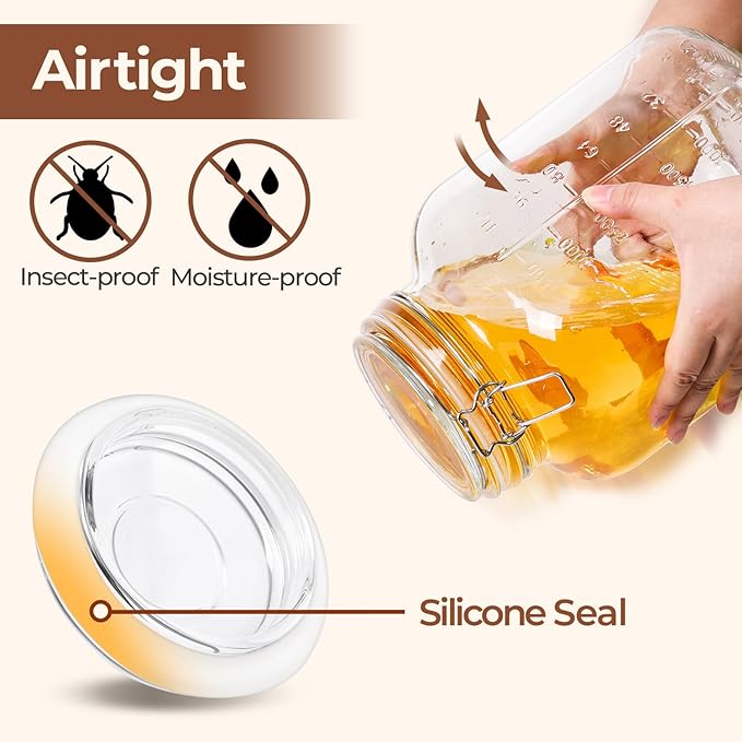 ComSaf Large Glass Storage Containers with Lids, 1.1 Gallon Glass Jar with airtight Lid for Rice, Wide Mouth Mason Jars with Measurement Mark, Flour Sugar Storage Containers 135oz, Set of 2, Square