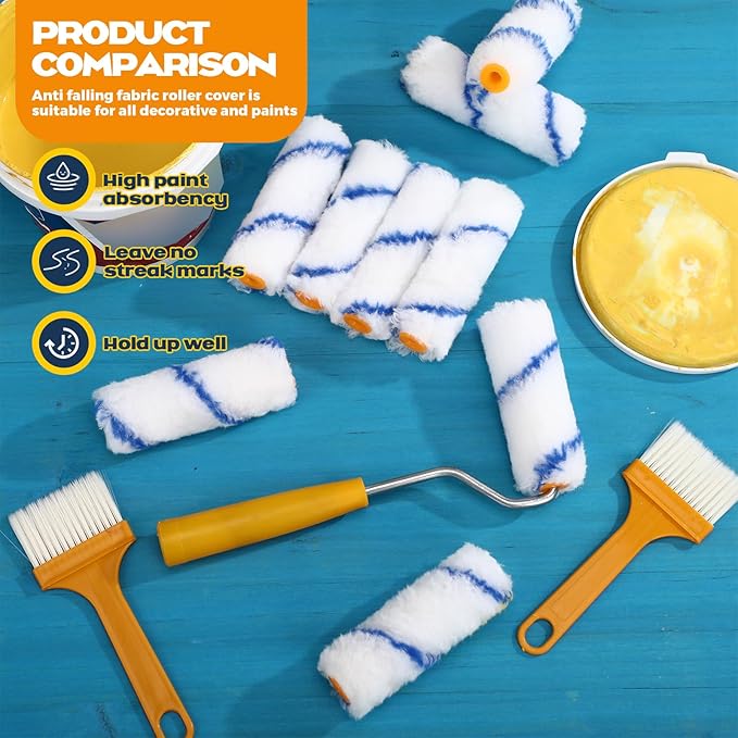 Nuogo 150 Pcs 4 Inch Mini Paint Roller Cover 1/2" Nap Small Microfiber Roller Covers Home Repair Tools House Household Supplies Kit(Blue)