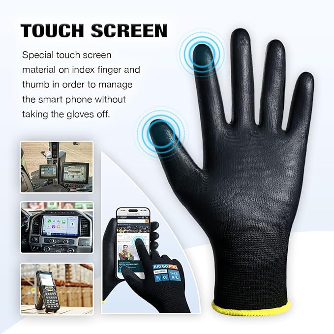 KAYGO Safety Work Gloves PU Coated for Men and Women- KG11P,60 Pairs,Seamless Knit Glove with Two Fingers Touchscreen,Ideal for General Duty Work (Black,L)