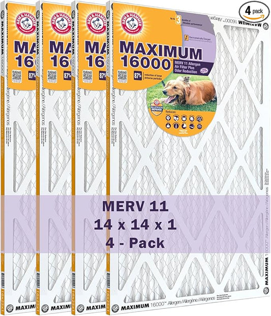 Arm & Hammer Max Allergen & Odor Reduction 14x14x1 Air and Furnace Filter, MERV 11, 4-Pack