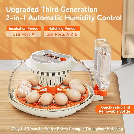 Egg Incubator with Temperature and Humidity Control, Automatic Egg Turner, Egg Candler, External Water Bottle Refill, Air Vent, 360° Clear View, Hatching Chicken Duck Quail Bird, APDOE HatchPro 12