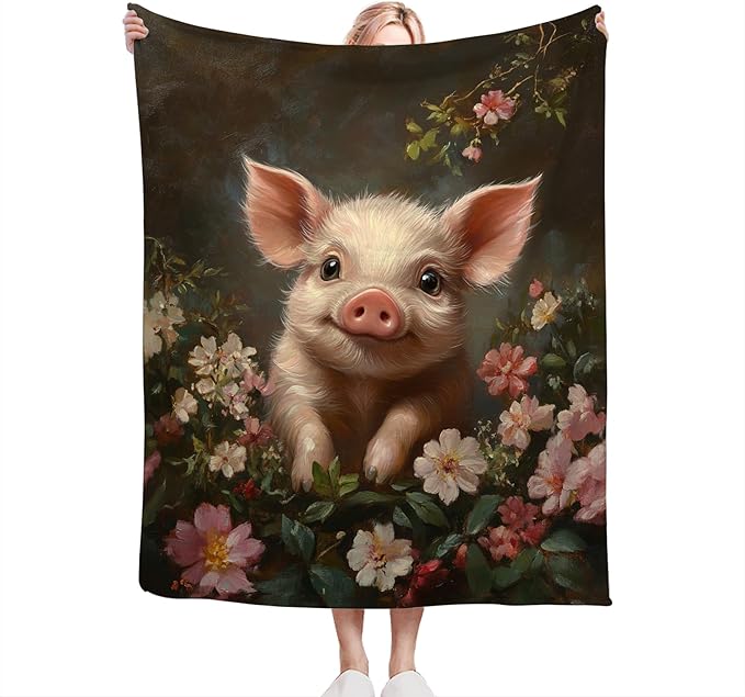 Pig Blanket Cute Pig Flower Throw Blanket Soft Warm Cozy Fuzzy Plush Vintage Gifts for Girls Women Lightweight Fleece Flannel Stuff Decor Gift for Kids Adults 60"X50"