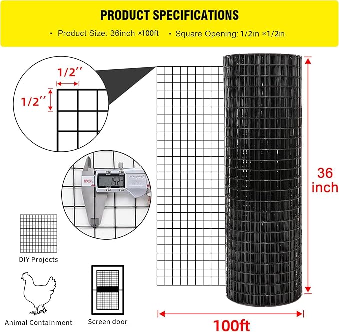 36'' x 100' 1/2inch Hardware Cloth 19 Gauge Black Vinyl Coated Welded Fence Mesh for Home and Garden Fence and Home Improvement Project