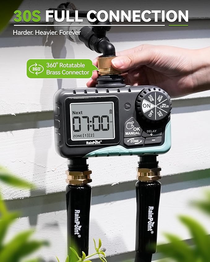 RAINPOINT Water Timer for Garden Hose - Sprinkler Timer with Brass Swivel - Rain Delay/Manual Watering/Automatic Irrigation Programmable Faucet for Yard, 2 Outlet