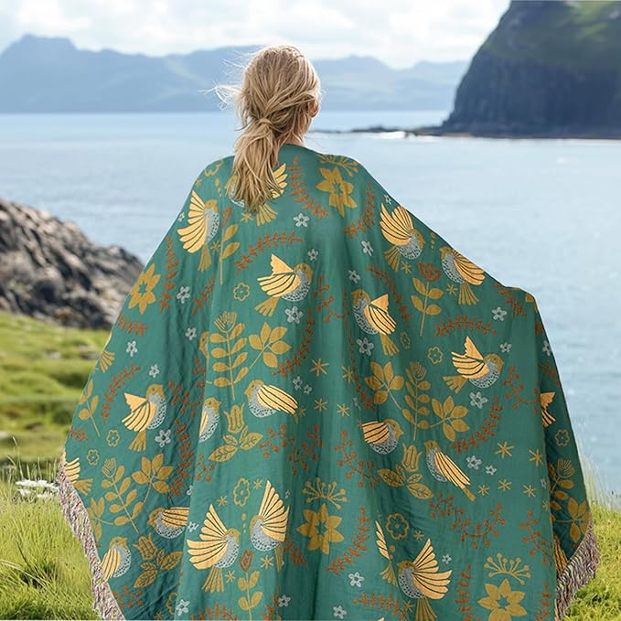 MACEVIA 100% Cotton Boho Throw Blanket, Soft Lightweight Green Bird Floral Design, 60"x80" Twin Size Bedspread for Couch Sofa, Bed, Travel, Cottagecore Decor, with Fringe Tassels (Bird Floral)