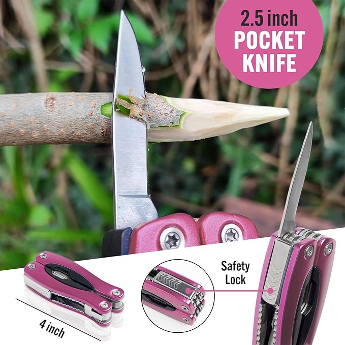 Pink Multitool 15-in-1 for Mom, Wife, Daughter, Grandma, Practical EDC Multi Tool Pliers, Pocket Knife with Safety-Locking, Great for Hiking, Camping, Simple Repairs, Car Glove Box