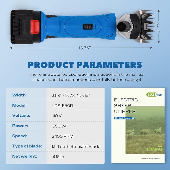 Sheep Shears Cordless 550W 2400RPM Professional Rechargeable Shearing Clipper 21V with 6 Speed, for Shaving Fur Wool in Sheep, Goat, Cattle, and Other Farm Livestock, with 2 Lithium Batteries