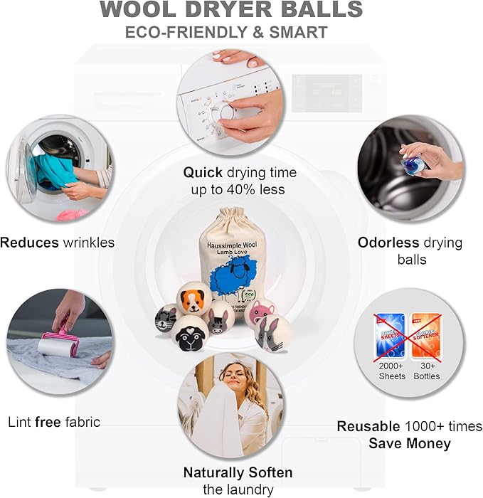 Wool Dryer Balls 6-Pack 100% Natural New Zealand Wool, Handmade in Nepal Reusable Laundry Balls, Faster Drying, Softer Clothes, Anti-Static, Dryer Sheets Alternative (Farm)