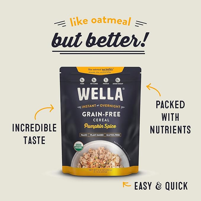 Wella Cereal Oatmeal Alternative, Gluten-Free Breakfast Hot Cereal, Grain-Free Paleo Organic Vegan High Protein Superfood, Plant-Based Non-GMO, Low in Net Carbs, Multi-Serve Bag, Pumpkin Spice Flavor (1 Count, 12.8 oz. Bag)