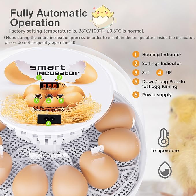 Incubators for Hatching Eggs, 12 Egg Incubator with Automatic Turning and Temperature Control, Automatic Water Adding, LED Egg Candler, for Hatching Chickens, Duck, Quail, Goose Eggs