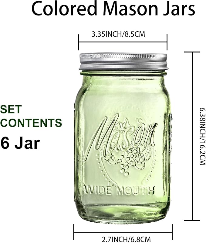 WELLIFE Mason Jars 32 oz - 6 Pack Green Large Mason Jars Wide Mouth,Glass Jar with Lid for Canning, Pickling, Food Storage, Fermenting, DIY Crafts & Decor, Reusable