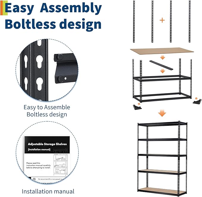 CABIHOME Garage Storage Shelves 5 Tiers, 48" W x 18" D x 72" H Heavy Duty Metal Shelving Unit, 2500 LBS Capacity Adjustable Boltless Storage Rack with MDF Boards for Garage, Pantry, Basement, or Wareh