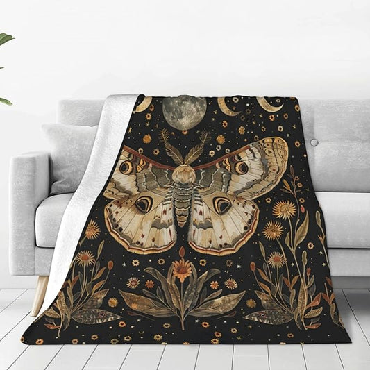 Moth Moon Blanket Witchy Vintage Butterfly Sunflower Decor Throw Blanket Comfy Plush Flannel Fleece Warm Soft Fuzzy Blanket Gothic Gifts for Girls Boys Women Teens for Room Bed Sofa Couch 60"X80"
