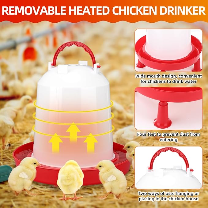 3 Pcs 6L Heated Chicken Waterer for Winter 1.6 Gallon Heated Poultry Waterer with Leg Support Chicken Water Heater for Winter with Outdoor Extension Cord Cover and Pipe Insulation Tape Wrap