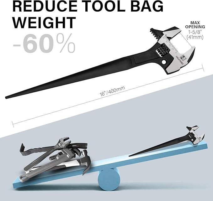 HAUTMEC 16inch Adjustable Spud Wrench, 4 in 1 Multifunctional Spud Wrenches, Adjustable Wrench and Hammer, Extra Wide Jaw Up to 1.6" (41mm) Metric & SAE Scale, Oxide Finish, for Garage Workshop DIY