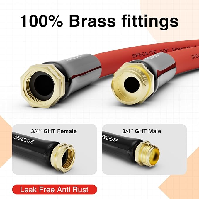 SPECILITE 5/8" Hot/Cold Garden Water Hose 200 ft, -50℉-190℉,Flexible & Lightweight With 3/4" Brass Fittings for Yard, Outdoor, Farm, Red