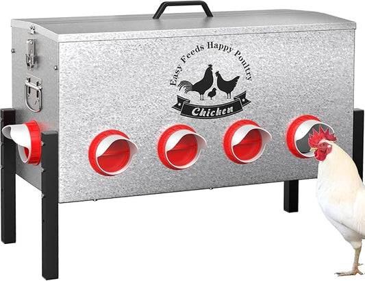 16gal Large Automatic Chicken Feeder - 88LB Capacity 10 Port No Waste Poultry Feeder, Rust-Proof Alloy Steel with Locking Lid & Adjustable Legs for Chickens, Ducks, Geese, Poultry