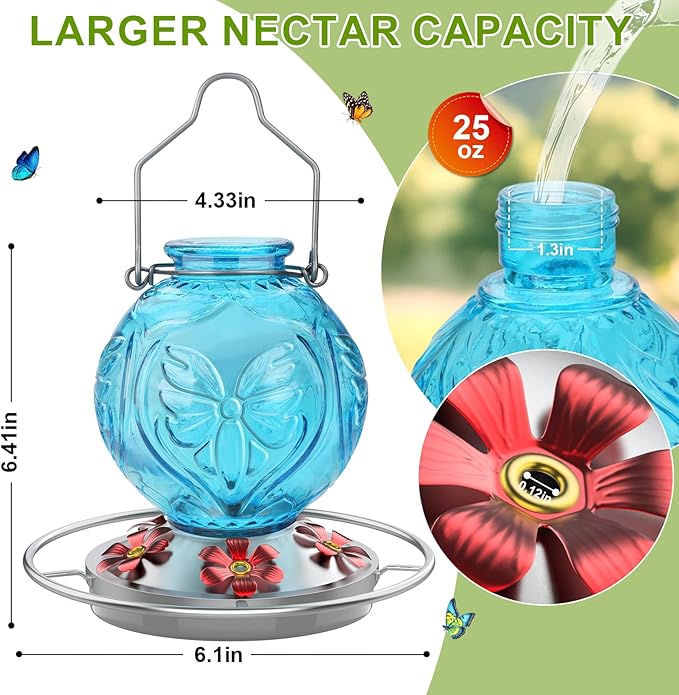 Glass Hummingbird Feeder for Outdoors Hanging, 25Oz Humming Bird Nectar Feeders with Perch & 5 Flower Feeding Ports, Leak Proof for Outside Garden Decor, Gifts for Women (Blue)