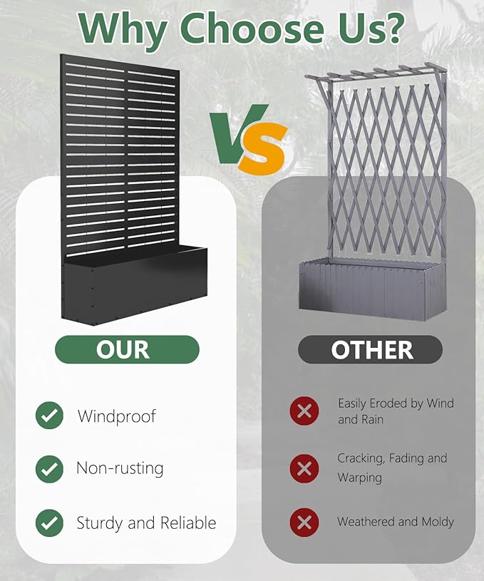 2PCS Metal Planter Box with Trellis,70.9"x47.2"x15.7" Raised Garden Bed with Drainage Holes, Privacy Planters for Outdoor, Garden Bed for Climbing Plants,Vegetables,and Vines, Black-louvered