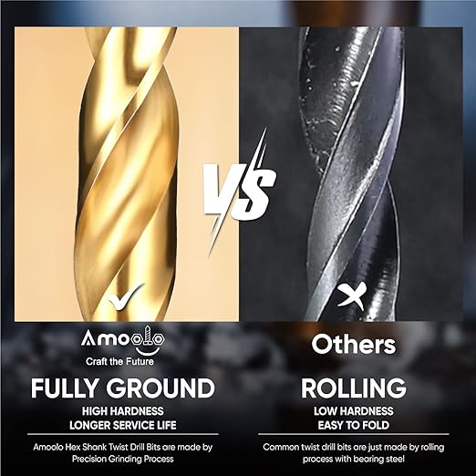 amoolo 5/16 Impact Drill Bit Sets, 5Pcs Titanium HSS Twist Hex Shank Drill Bit Set for Metal, Steel, Wood, Plastic, Quick Change Design