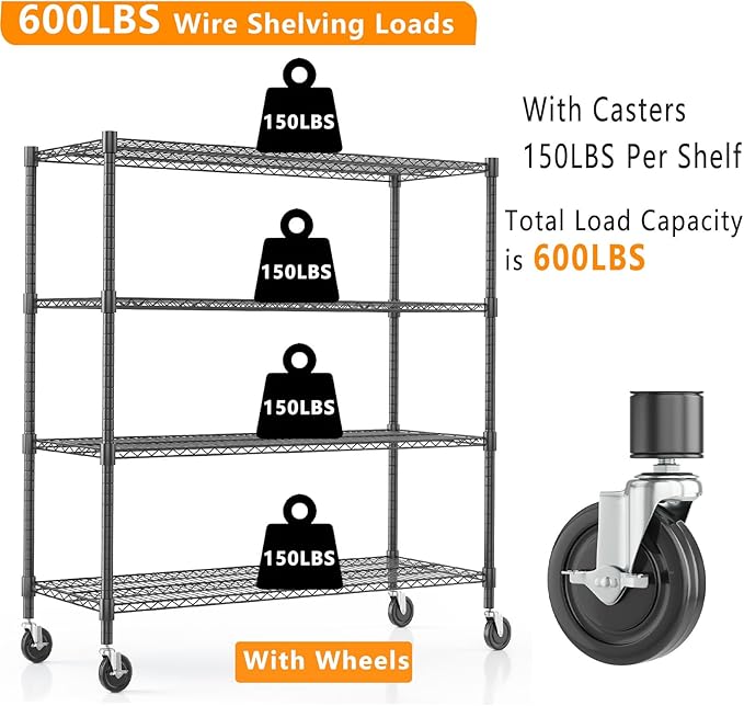 Himimi 72" H Storage Shelves 4 Tier Metal Shelving Adjustable Wire Shelf with Wheels, Heavy Duty Shelving for Garage Kitchen Pantry Bathroom Laundry 18" D*48" W*72" H, Black