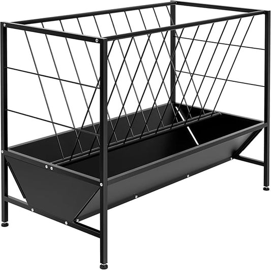 Pasture Hay Feeder 50 Gallon, Heavy Duty 2-in-1 Livestock Feeder, Hay Grain Feeding with 30 Gallon Feed Pan, Black Powder Coated Surface Steel Livestock Feeder for Sheep, Calf, Cow and Horse