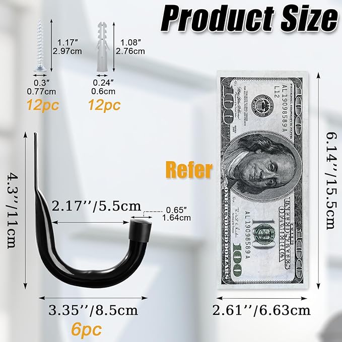 KURUI Metal Wall Hooks for Hanging Heavy Duty, 6Pcs Garage Organization and Storage Hook for Extension Cord Tool Coat Backpack Bag, Large Utility J Hooks, Black Wall Mount Hanges for Outdoor Indoor