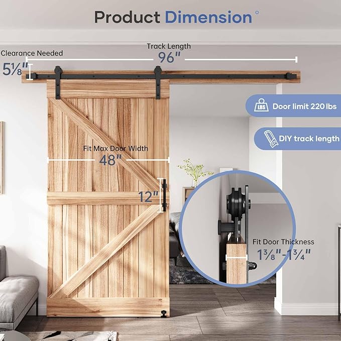 EaseLife 8 FT Sliding Barn Door Track and Handle Hardware Kit, Straight Pulley,Slide Smoothly Quietly,Easy Install (8FT Track Kit for 40"~48" Wide Single Door)
