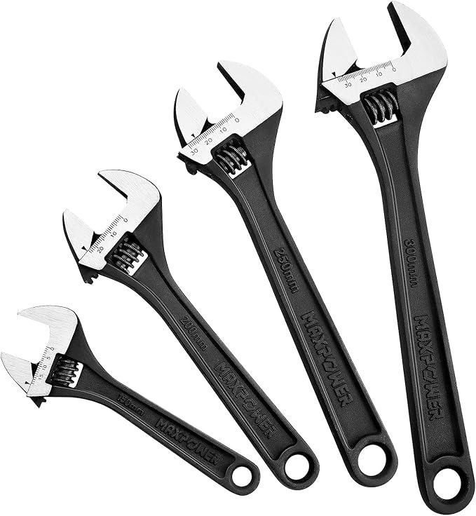 MAXPOWER Adjustable Wrench Set, Forged, Heat Treated, Black Phosphate Finish Adjustable Wrenches, 4 Pack (6-inch, 8-inch, 10-inch, 12-inch)