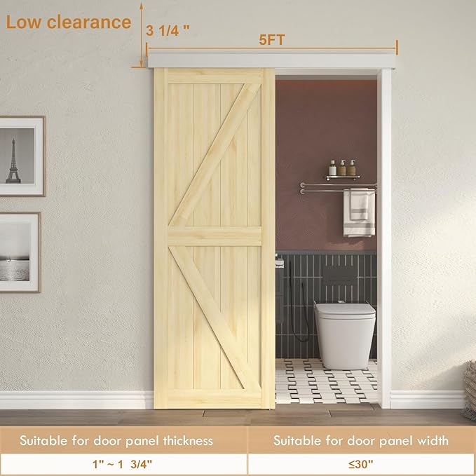 5FT Sliding Barn Door Hardware, Low Clearance Aluminium Alloy Box Rail Hardware for Wooden Barn Door, Interior Barn Door Track, Easy to Install