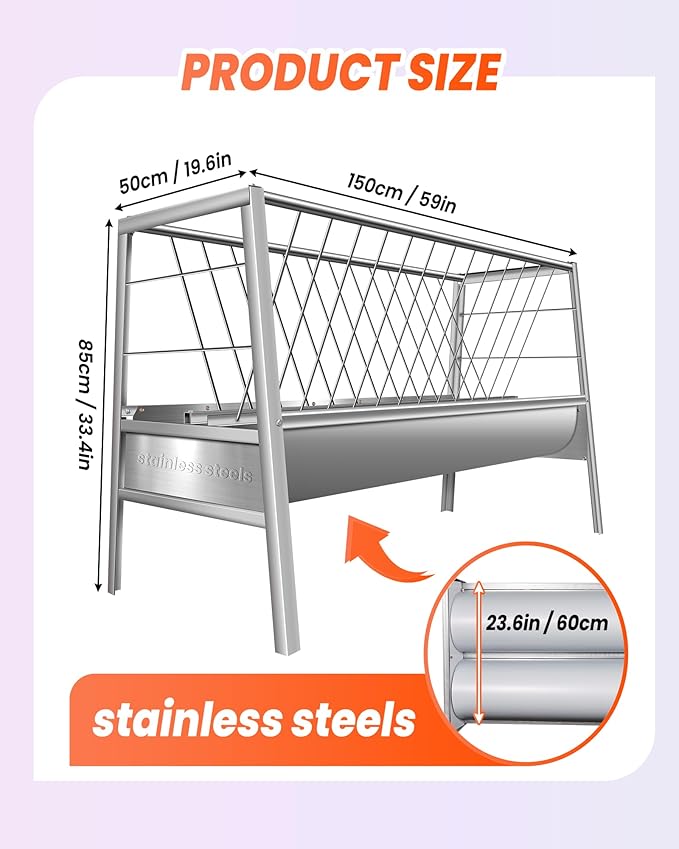 99 Gallon Pasture Hay Feeder, 2 in 1 Stainless Steel Goat Hay Feeder with Deeper Feeding Pan for Goat Sheep Horse, Detachable Livestock Feeder Ease of Assembly in Farm Outdoor, Silver