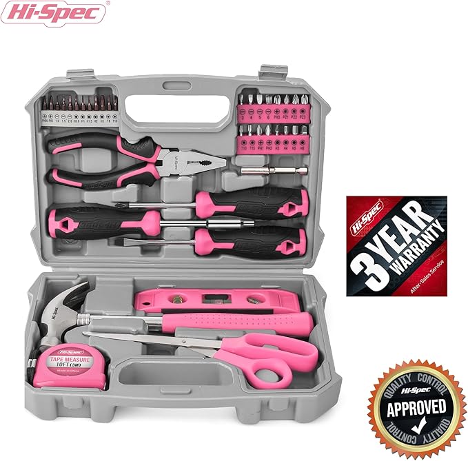 Hi-Spec Tool Kit, General Household Hand Tool Set with Toolbox Storage Case, All-in-One Compact Toolkit for DIY & Dorm Use, Pink