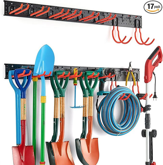 Ultrawall Multi-Storage Garage Hooks, Utility Rack with Multiple Installation Methods, Wall-Mounted Garden Tool Organizer System for Shovels, Rakes, Ladders,17pcs