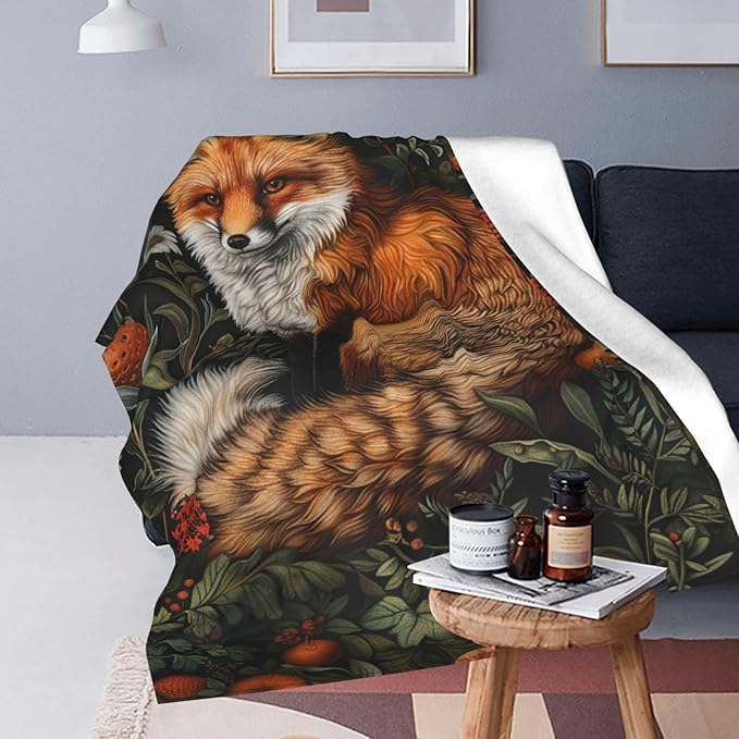Fox Vintage Forest Throw Blanket - Comfy Plush Flannel Fleece Warm Soft Fuzzy Winter Decor - Fox Lover Gifts for Girls Boys Women Teens Adults - Bed Sofa Couch 60"X80"