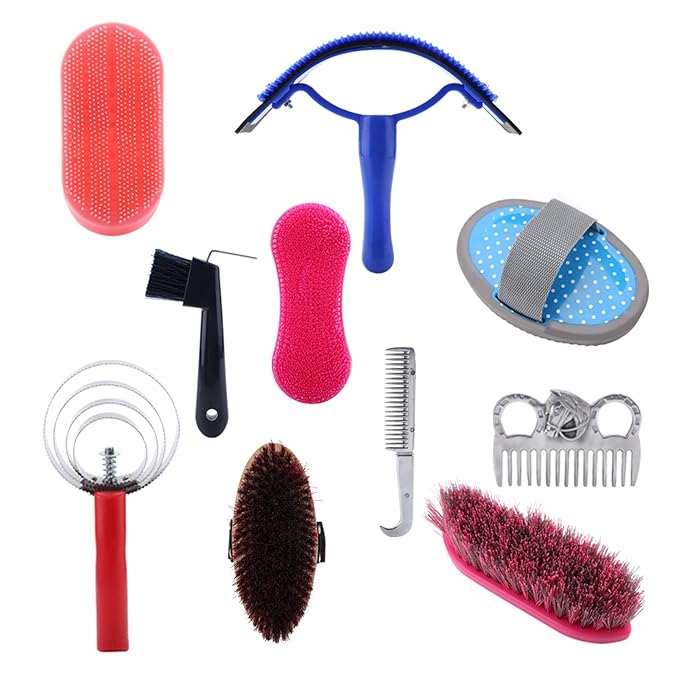 10Pcs Horse Grooming Care Kit, Equestrain Brush Curry Comb Horse Cleaning Tool Set Including Sweat Scraper 2 Combs Itching Hoof Pick and 5 Brushes for Equine Care Supplies