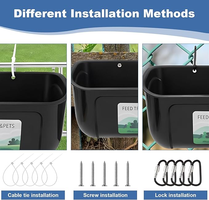 6 Pack Goat Feeders Hanging 3.5 Quart Chicken Feeder Waterer Trough, Goat Mineral Feeder Fence Feeder for Livestock Poultry, Duck, Black